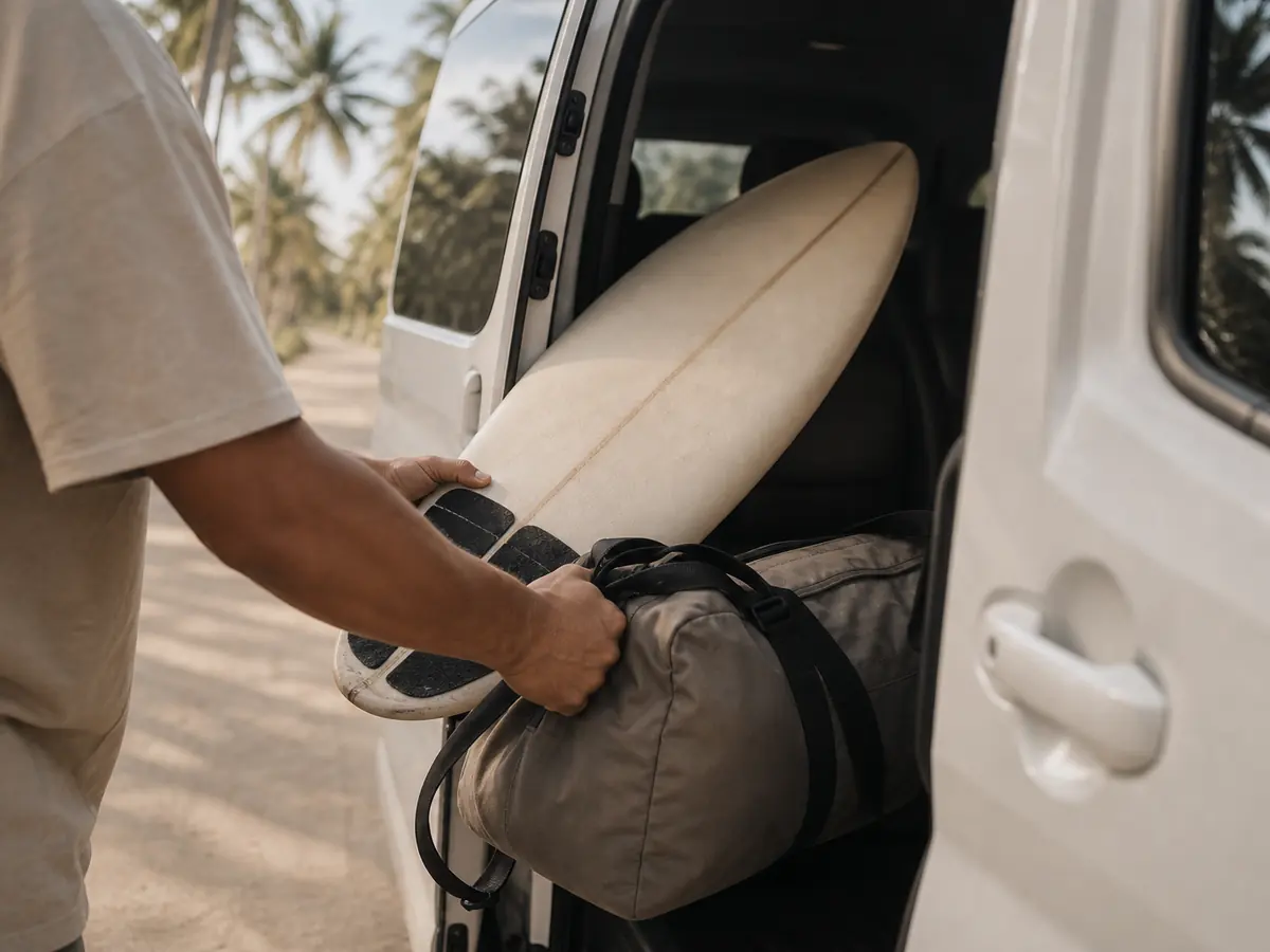 A driver loading a surfboard and travel bag into a private van in Siargao
