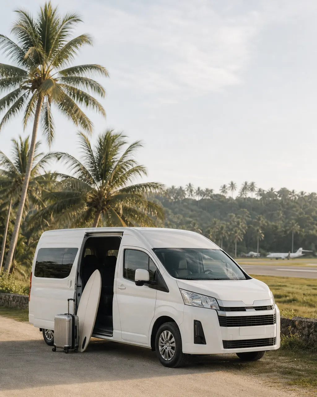 A clean private van waiting on a quiet road near Siargao's Sayak Airport