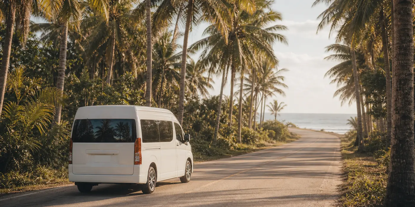 Coconut-lined Siargao road on the drive from Sayak Airport to the Cloud 9 surf area