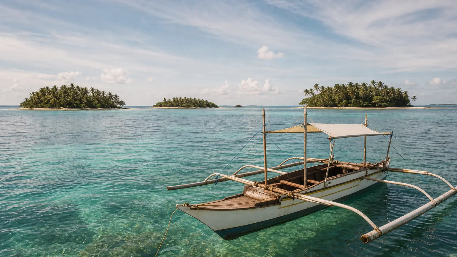 A traditional outrigger boat on turquoise water on a Siargao island-hopping day